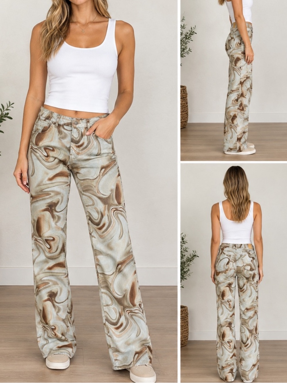 Zara Swirl Print Jeans Size 8 High Rise Straight Leg Brown Beige Abstract